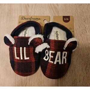 Size 5/6 Dearfoams Lil Bear Toddler Slippers, Memory Foam Red Buffalo Plaid New